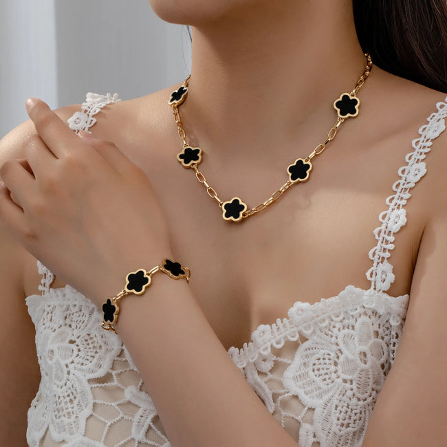 Flower Style Gold Plated Black Necklace and Bracelet Set For Women