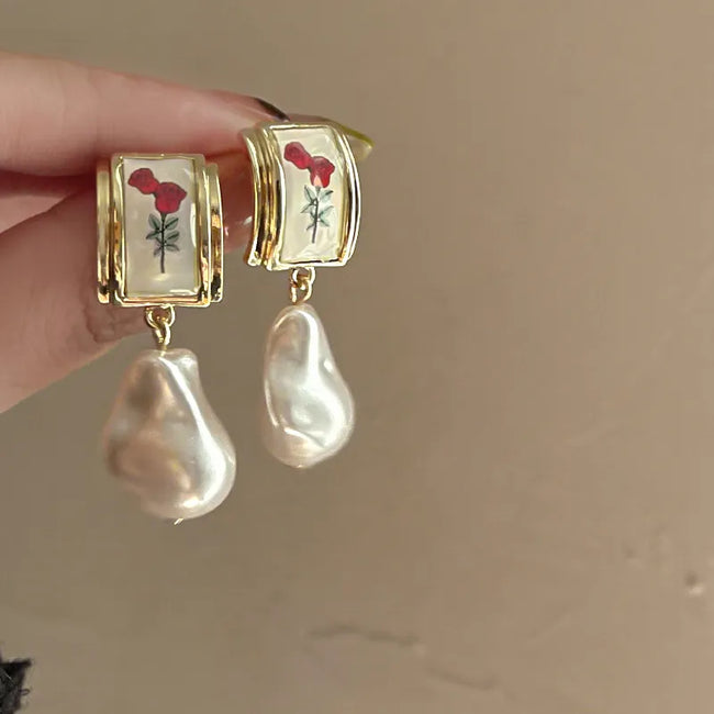 French Style Flower Alloy Pearl Drop Earrings For Women
