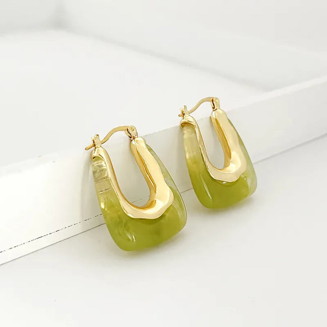 Geometric U-shaped Green Color Hoop Earrings