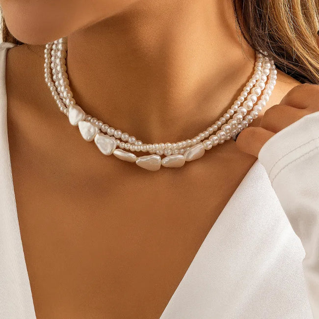 Geometric White Pearl Multi-Layered Short Necklace