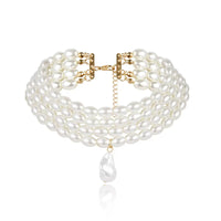 Gold-Plated Alloy Multi-Layer Pearl Choker Necklace with Drop Pendant