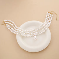 Gold-Plated Alloy Multi-Layer Pearl Choker Necklace with Drop Pendant