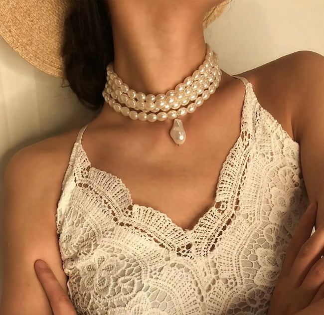 Gold-Plated Alloy Multi-Layer Pearl Choker Necklace with Drop Pendant