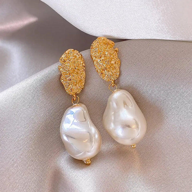 Gold Plated Baroque Shaped Irregular Pearl Drop Earrings