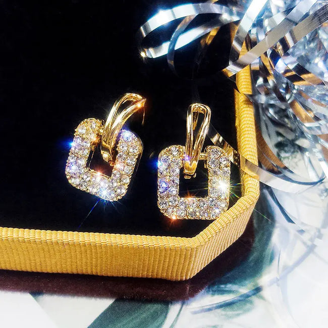 Gold Plated BlingBling Rhinestone Square Drop Earrings