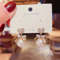 Gold Plated Bow Heart Pearl Dangle Earrings For Women