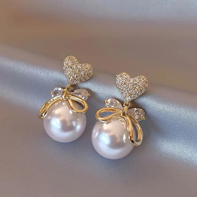 Gold Plated Bow Heart Pearl Dangle Earrings For Women