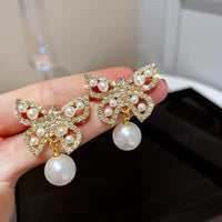 Gold Plated Butterfly Pearl Diamond Rhinestone Stud Earrings