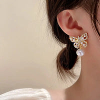 Gold Plated Butterfly Pearl Diamond Rhinestone Stud Earrings
