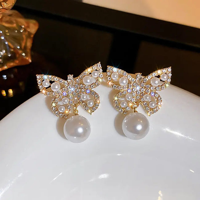 Gold Plated Butterfly Pearl Diamond Rhinestone Stud Earrings