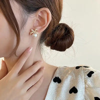 Gold Plated Cute Bow Knot Inlay Pearl Rhinestones Stud Earring