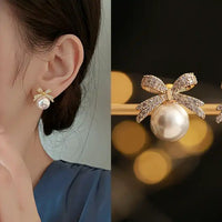 Gold Plated Cute Bow Knot Inlay Pearl Rhinestones Stud Earring