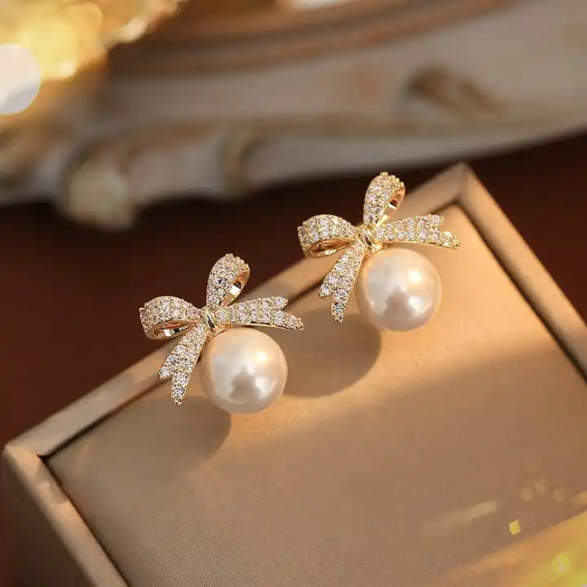 Gold Plated Cute Bow Knot Inlay Pearl Rhinestones Stud Earring