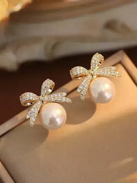 Gold Plated Cute Bow Knot Inlay Pearl Rhinestones Stud Earring