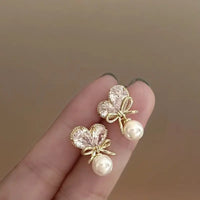 Gold Plated Diamond Love Heart Pearl Drop Stud Earring