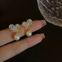 Gold Plated Diamond Love Heart Pearl Drop Stud Earring