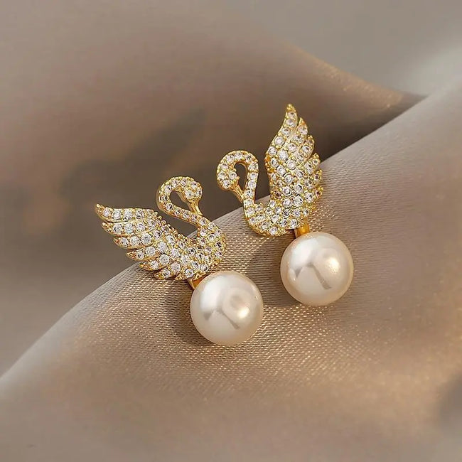 Gold Plated Diamond Swan and Pearl Earrings Stud Earring