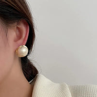 Gold Plated Elegant Big Round Inlay Pearl Stud Earring For Women