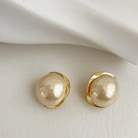 Gold Plated Elegant Big Round Inlay Pearl Stud Earring For Women