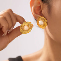 Gold Plated Elegant Irregular Shaped Spiral Eye Pearl Stud Earrings