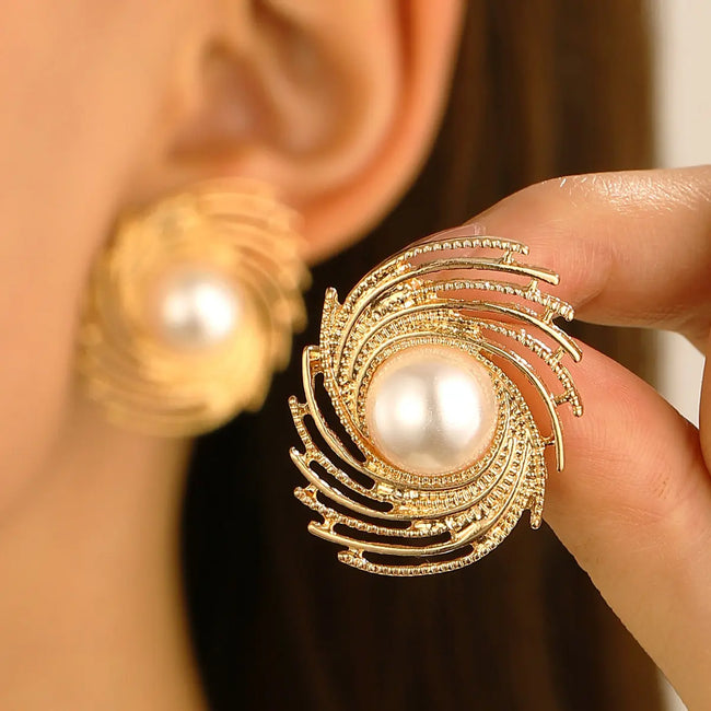 Gold Plated Elegant Irregular Shaped Spiral Eye Pearl Stud Earrings