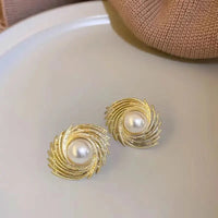 Gold Plated Elegant Irregular Shaped Spiral Eye Pearl Stud Earrings