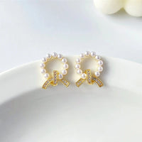 Gold Plated Geometric Pearl Knot Circle Rhinestone Stud Earrings for Women