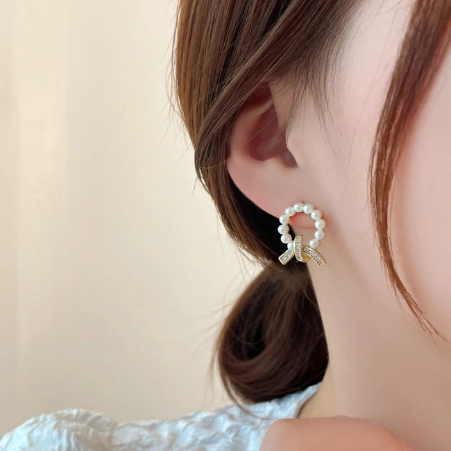 Gold Plated Geometric Pearl Knot Circle Rhinestone Stud Earrings for Women