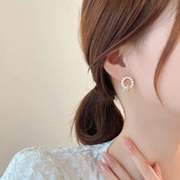 Gold Plated Geometric Pearl Knot Circle Rhinestone Stud Earrings for Women
