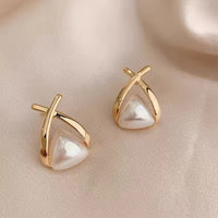 Gold Plated Geometric Triangle Pearl Retro Simple Stud Earrings