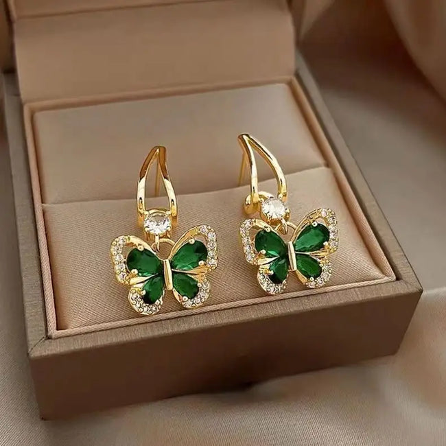 Gold Plated Green Zircon Butterfly Drop Earrings