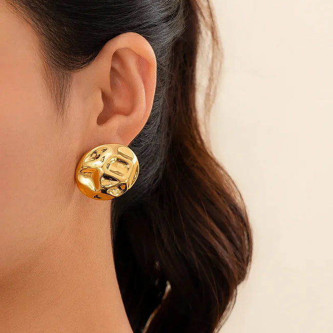 Gold Plated Hammered Round Stud Metal Earring