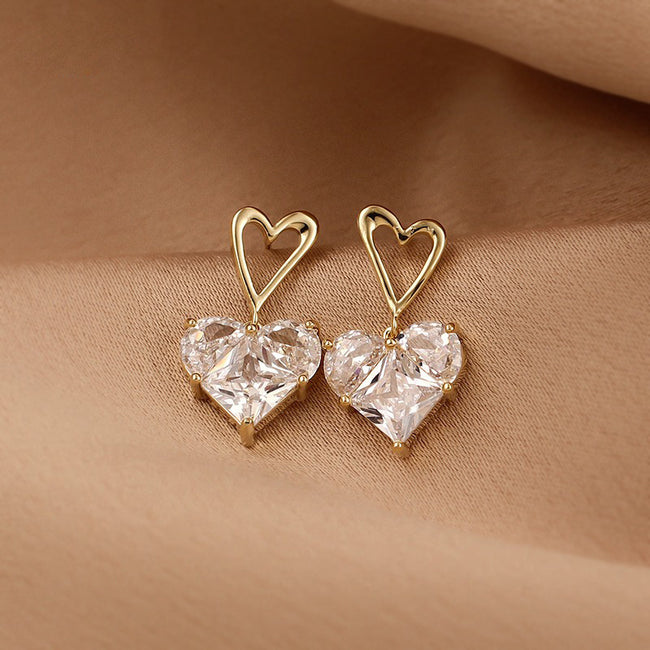 Gold Plated Heart Shape Simple Style Heart Rhinestone Gemstones Earrings