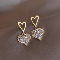 Gold Plated Heart Shape Simple Style Heart Rhinestone Gemstones Earrings