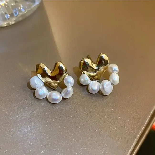 Gold Plated Heart Shaped Pearl Earrings Stud Earring