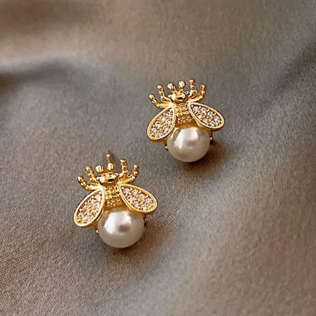 Gold Plated Honey Bee Inlay Pearls Rhinestones Stud Earring For Women