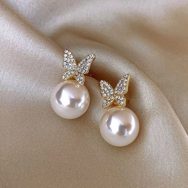 Gold Plated Korean Diamond Butterfly Pearl Drop Stud Earrings