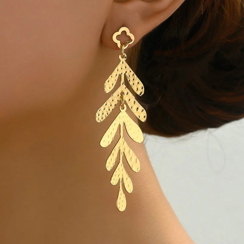 Gold Plated Leaf-Shaped Creative Long Earring – Aferando