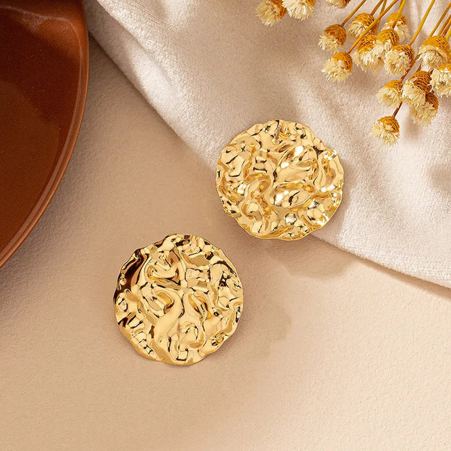 Oversized Gold Plated Metal Uneven Texture Big Round Stud Earring For Woman