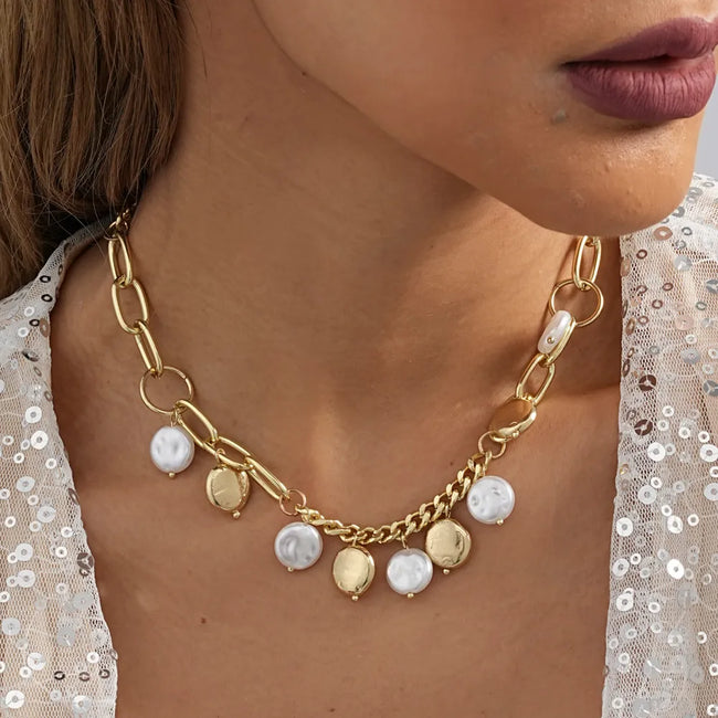 Gold Plated Pearl Drop Duel Color Short Statement Necklace