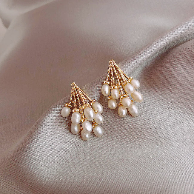Gold Plated Pearl Grape Branch Stud Earrings