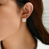 Gold Plated Princess Cut Luxurious Square Inlay Zircon Diamond Stud Earring