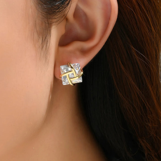 Gold Plated Princess Cut Luxurious Square Inlay Zircon Diamond Stud Earring
