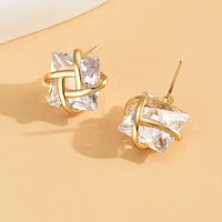 Gold Plated Princess Cut Luxurious Square Inlay Zircon Diamond Stud Earring