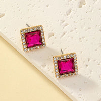 Gold Plated Princess Cut Square Red Color Zircon Diamond Stud Earring