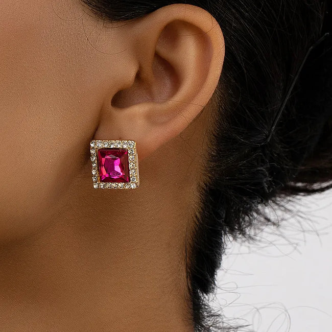 Gold Plated Princess Cut Square Red Color Zircon Diamond Stud Earring