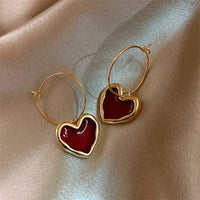 Gold Plated Red Heart Charm Hoop Earrings for Women Cute Statement Earrings - Aferando