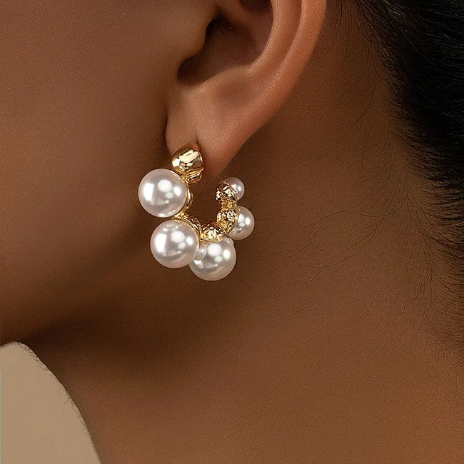 Gold Plated Retro Pearl C-shaped Hoop Earrings