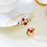 Gold Plated Rose Bracelet & Ring Combo Set for Women – Floral Adjustable Jewelry Set