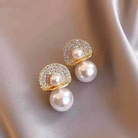 Gold Plated Simple Large Pearl Inlaid Diamond Small Luxury Stud Earrings